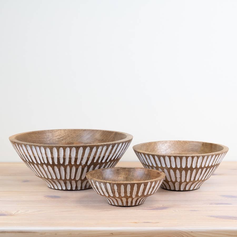 Mango Wood White White Washed Serving Bowl, 23cm