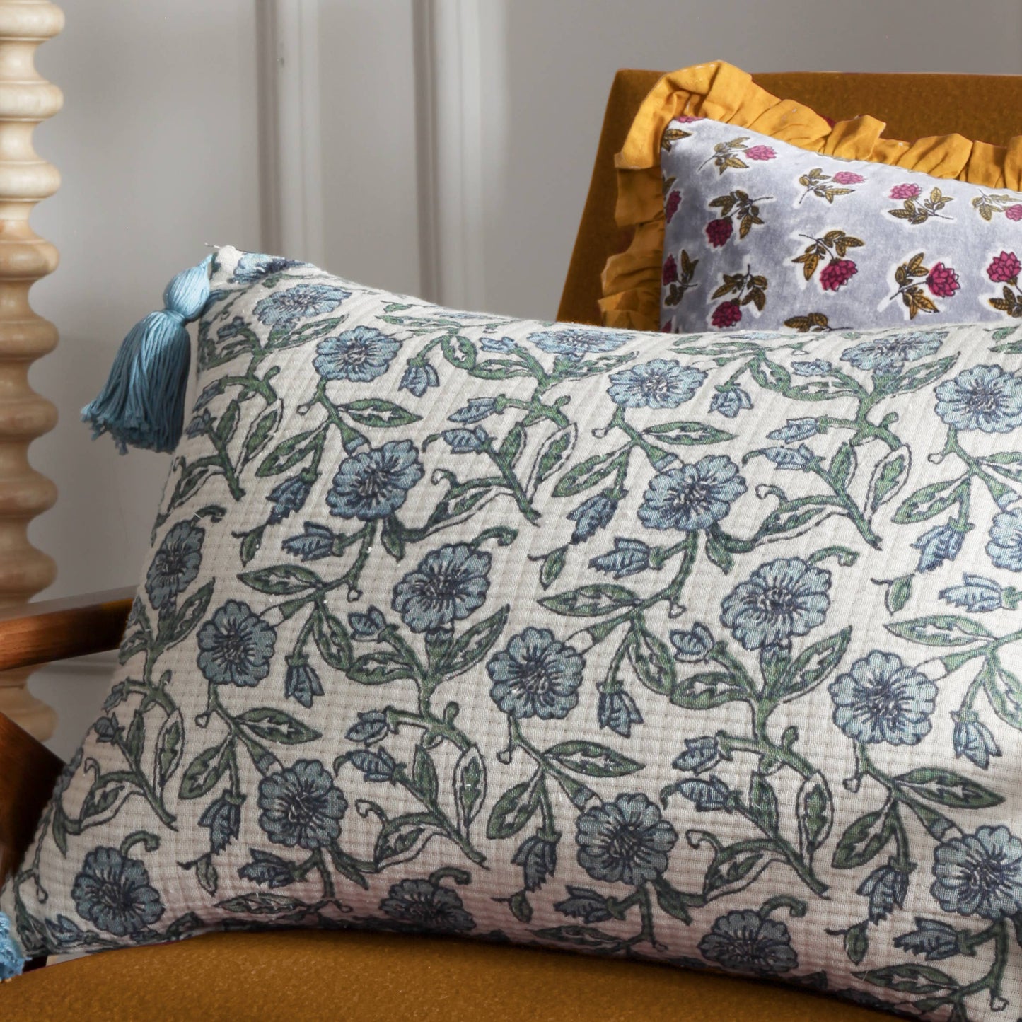 Delphine Floral Tasselled Cushion Delph Blue: Delph Blue / Cover Only / 40 x 60cm