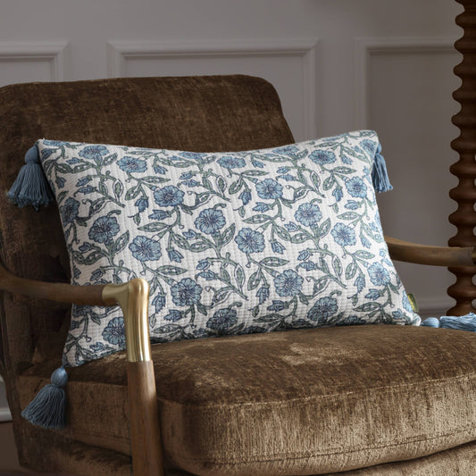 Delphine Floral Tasselled Cushion Delph Blue: Delph Blue / Cover Only / 40 x 60cm