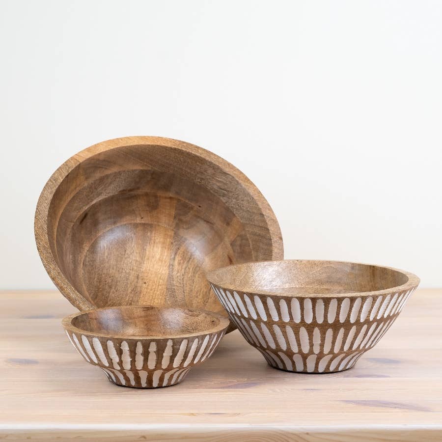 Mango Wood White White Washed Serving Bowl, 23cm