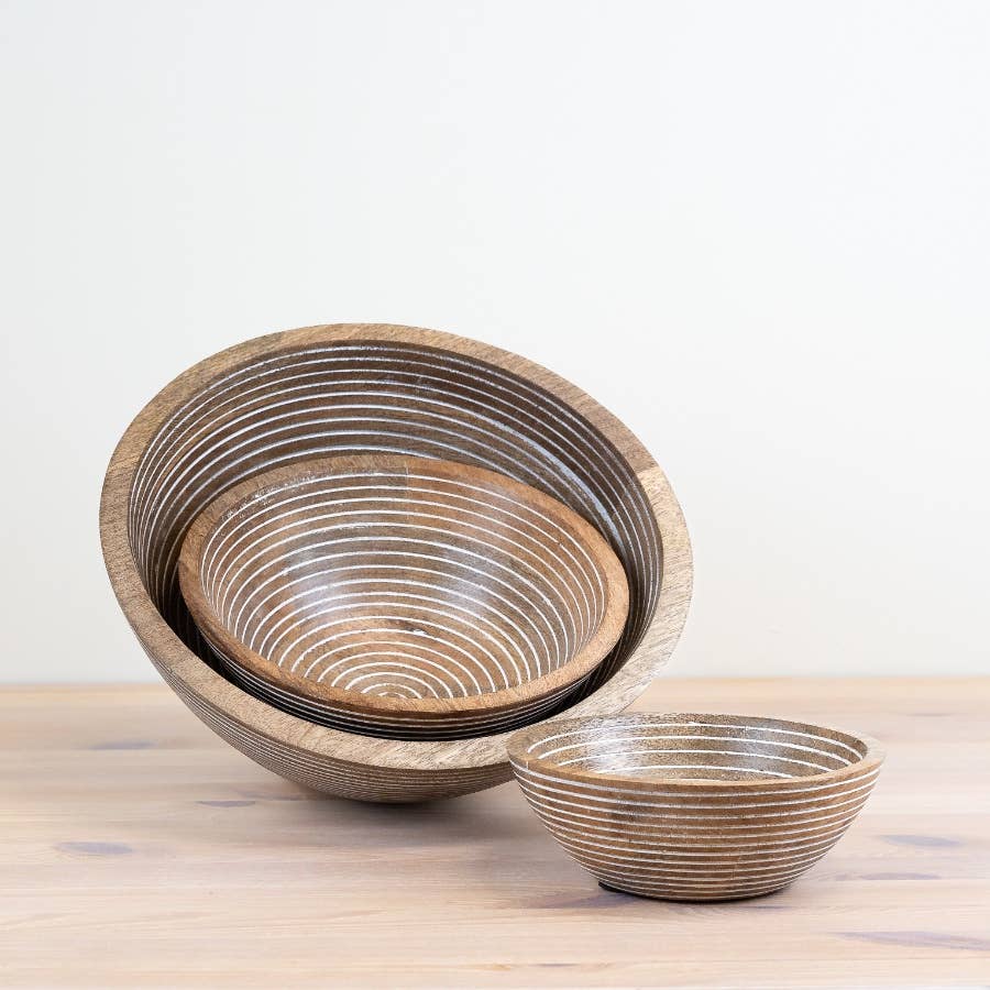 Mango Wood White White Washed Serving Bowl, 23cm